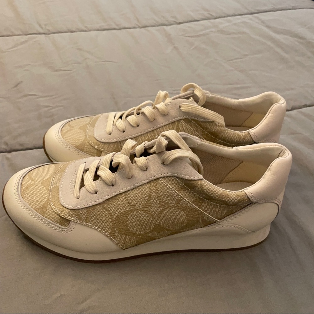 Coach Sneakers, monogram classic tan, white, and brown, Size 6.5